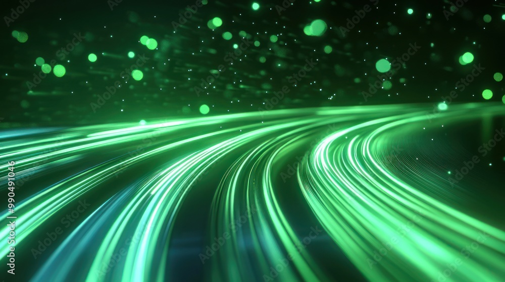 Canvas Prints abstract green background with glowing lines and bokeh.