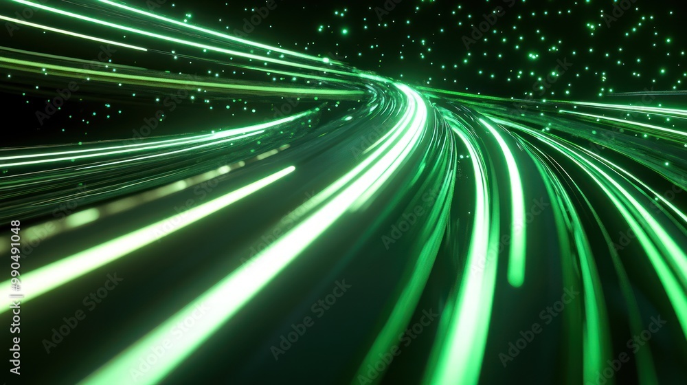 Canvas Prints abstract green lines and dots on a black background.