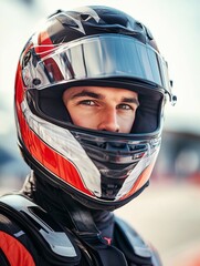 a professional racer in a helmet, with a partially open visor, against the background of a race track