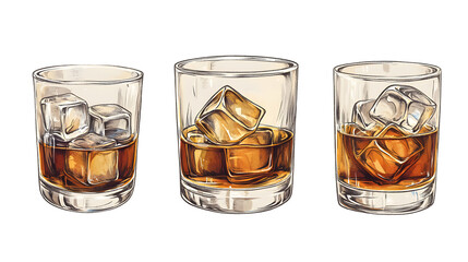 Set of Hand drawn illustration of a glass of whiskey with ice cubes isolated on transparent background