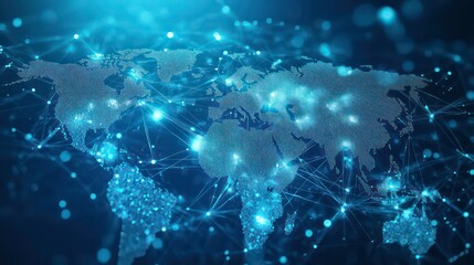 Obraz premium Abstract world map with glowing lines and dots, representing global network connection.