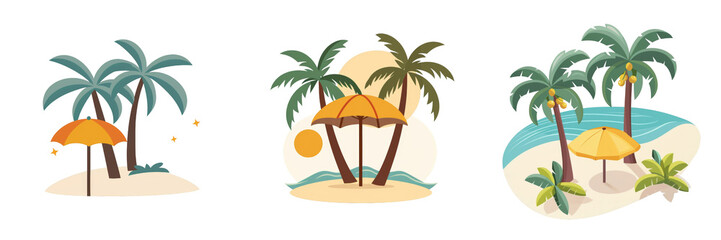 Three different beach scenes with palm trees and umbrellas
