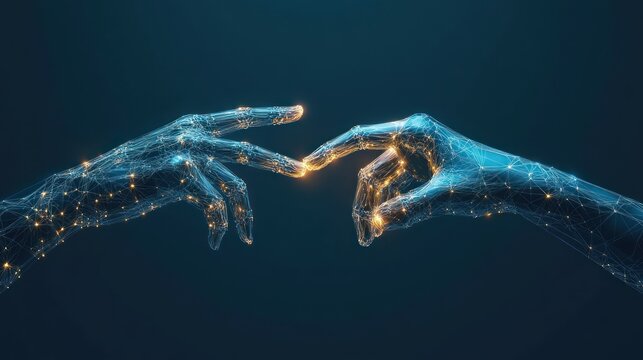 Two glowing wireframe hands reaching towards each other on a blue background.