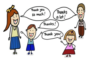 Hand drawn picture of cute human cartoons say Thank you in the speech bubbles. Illustration for education. Concept English for communication. Good manner to say thanking. Teaching aid for kid students