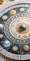 Obraz premium A beautifully designed astrological chart featuring intricate zodiac symbols, celestial bodies, and planetary alignments, set against a detailed background of stars and cosmic elements