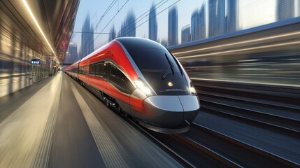 Fototapeta premium Modern high-speed train speeding through a city with skyscrapers in the background.