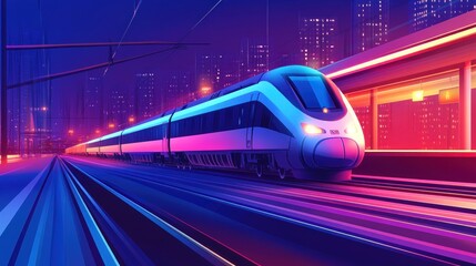 Fototapeta premium A modern high-speed train speeds through a city at night, illuminated by neon lights.