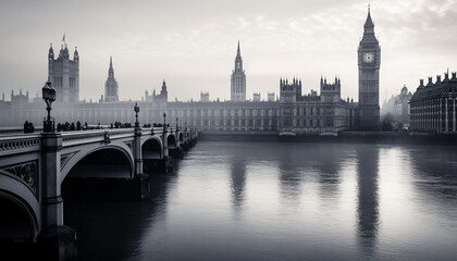 Fototapeta premium A black-and-white photo of a famous city skyline or iconic landmark, evoking a timeless, classic look