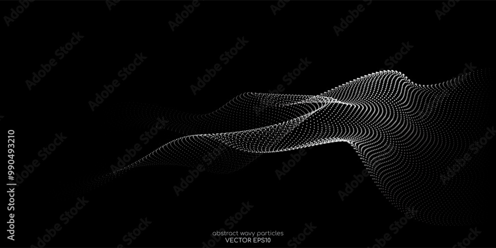 Aufkleber Flowing dots particles wave pattern 3D curve halftone grey gradient curve shape isolated on black background. Vector in concept of technology, science, music, modern.