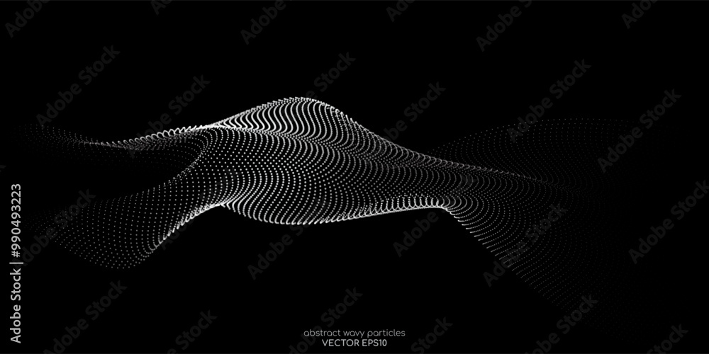Aufkleber Flowing dots particles wave pattern 3D curve halftone grey gradient curve shape isolated on black background. Vector in concept of technology, science, music, modern.