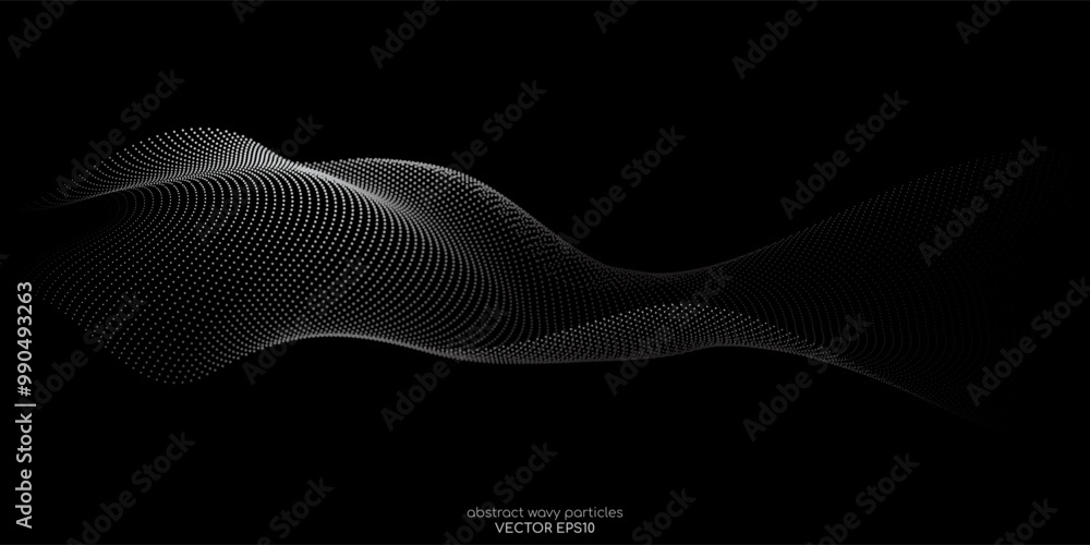 Poster Flowing dots particles wave pattern 3D curve halftone grey gradient curve shape isolated on black background. Vector in concept of technology, science, music, modern.