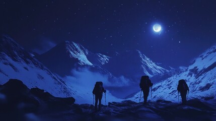 Fototapeta premium Three hikers silhouetted against a backdrop of snow-capped mountains under a starry sky and full moon.