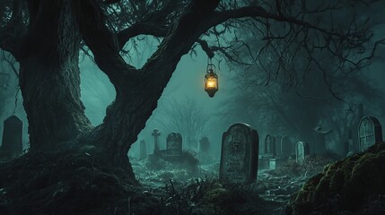 An Eerie Nighttime Cemetery Scene
