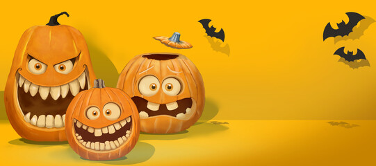 Bannière Halloween, citrouille stylisé cartoon, chauve souris, grand format , illustration fait main halloween, espace texte