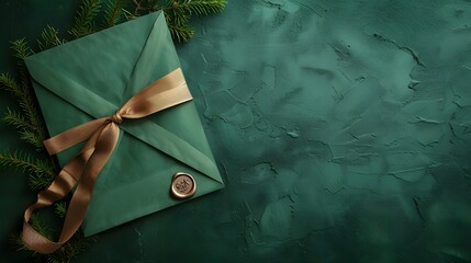 Elegant green envelope containing a blank card, adorned with a wax seal and ribbon, placed on a green background