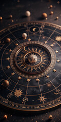 Fototapeta premium A beautifully designed astrological chart featuring intricate zodiac symbols, celestial bodies, and planetary alignments, set against a detailed background of stars and cosmic elements