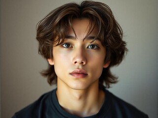 Masculine Asian Man with Trendy Medium-length Brown Hair Looking at Camera Wearing Black T-shirt Portrait