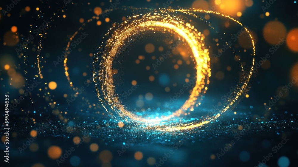 Canvas Prints abstract blue and gold glowing light ring with bokeh effect.
