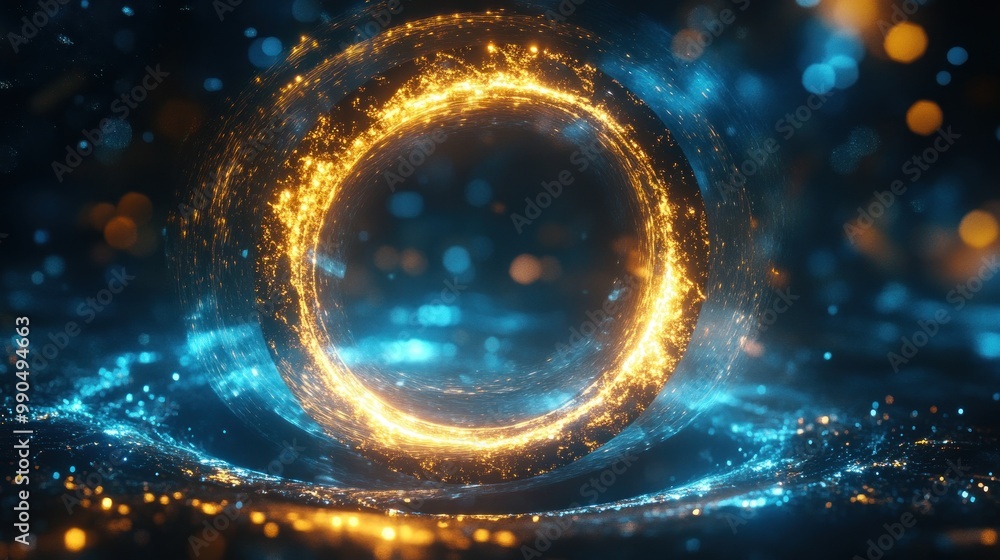 Sticker abstract circular light trail with blue and gold sparkles.
