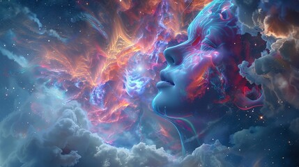 An ethereal interpretation of the mind as a nebula, where holographic clouds reflect the complexity of thought, uniting technology and consciousness in a stellar tapestry of human insight