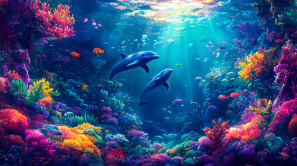 Fototapeta premium Colorful Underwater World with Dolphins and Coral