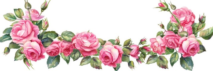 Floral Frame Watercolor. Hand Painted Pink Rose Wreath and Blossom Illustration