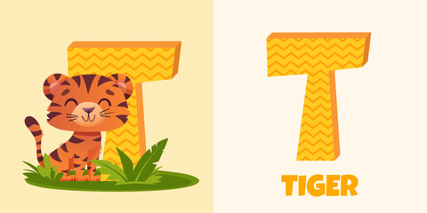  T letter for the Tiger. Vector illustration with cute animal alphabet for ABC book. Educational content