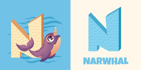 N letter for narwhal. ABC card for kids education. Cute unicorn narwhal with sea waves. Cartoon vector illustration