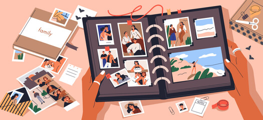 Family photo album open in hands. Holding scrapbook with memory photographs, organizing pictures, designing photography book, memo journal, creative diary with shots. Flat vector illustration