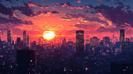 Obraz premium Sunset over a city skyline with tall buildings, illuminated windows, and a bright sun in the sky.
