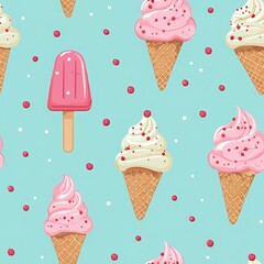 Colorful Seamless pattern of ice cream cones and popsicles on a light blue background, perfect for summer-themed designs.