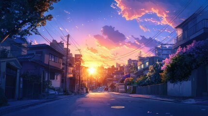Fototapeta premium A quiet street in a Japanese city at dusk, with the sun setting behind the buildings.
