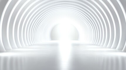 Modern white tunnel with futuristic light beams and reflections, creating a sense of depth and infinity