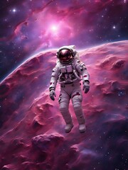 Drifting in the Cosmos: Astronaut Amidst a Pink Nebula
