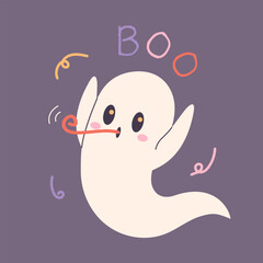 Cute ghost with party horn. Funny Halloween character.
