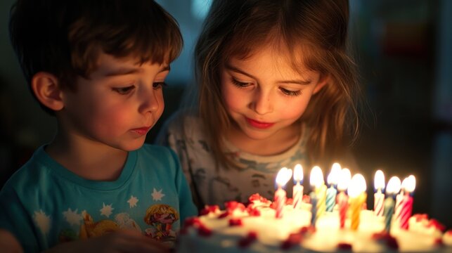 Two children with curious expressions watch candles on a birthday cake. - Powered by Adobe
