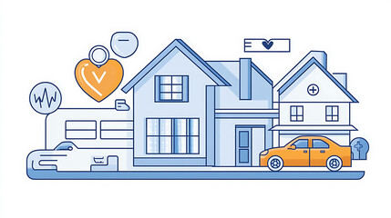 Naklejka premium An illustration of a suburban home, a car, and home security icons.