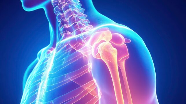 3D illustration of a human shoulder joint, highlighting the bones and ligaments.