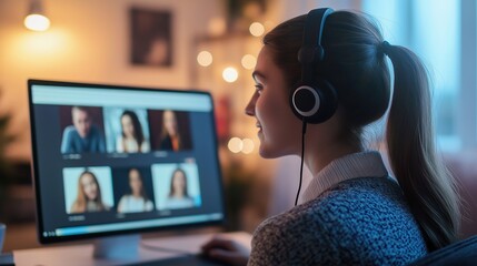 Dedicated caucasian female student engaged in online learning at home. Young woman wearing headphones, using laptop to study, work from home.