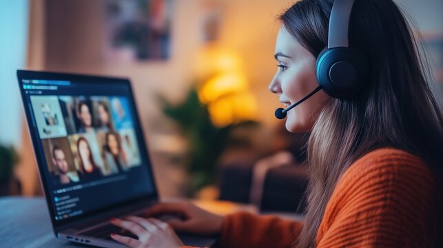 Dedicated caucasian female student engaged in online learning at home. Young woman wearing headphones, using laptop to study, work from home.