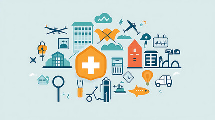 Naklejka premium An illustration with various icons representing healthcare, technology, and urban life.