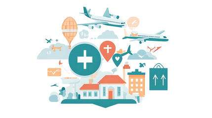 Obraz premium Colorful illustration of travel and tourism with airplanes, hot air balloons, and landmarks.