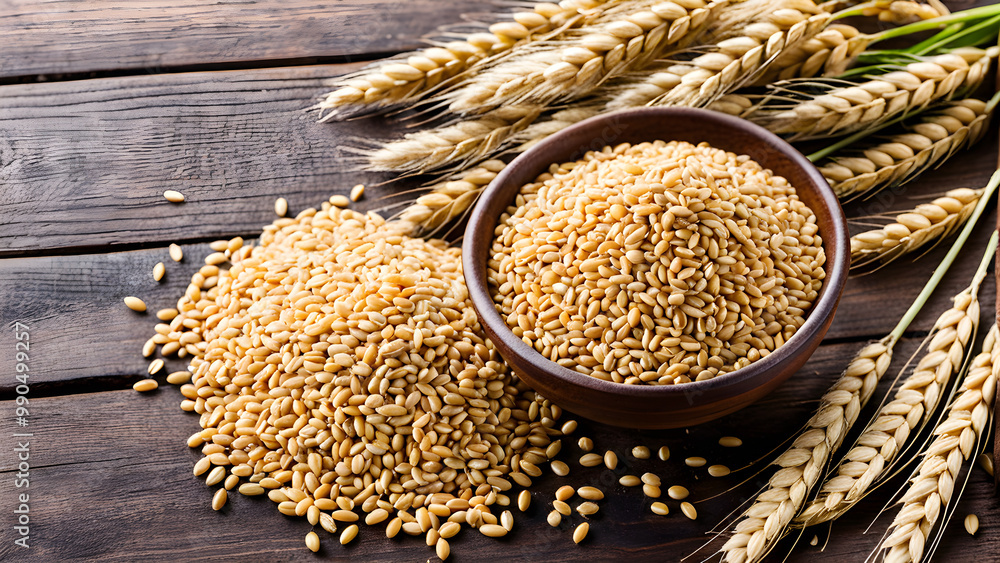 Wall mural wheat grain seeds in brown wooden bowl and wheat seeds heap adorned by ear of wheat on wooden table