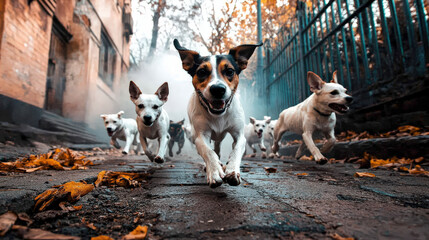 A pack of dogs running joyfully on a autumn day