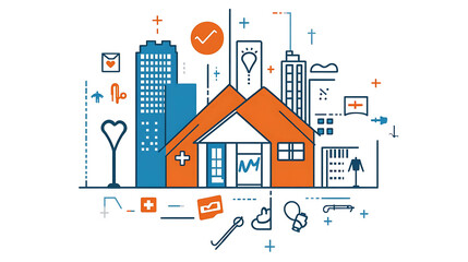Naklejka premium Line art illustration of a city with buildings, a house, and icons.