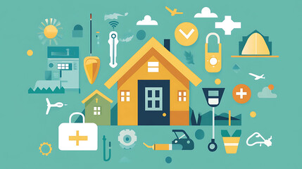 A colorful, flat design illustration of a house surrounded by icons representing home services.