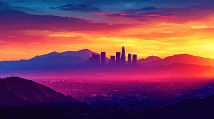 Sunset over a cityscape with mountains and a hazy sky.