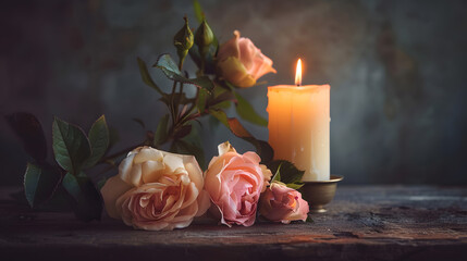 Still life with candle and roses background. Generative AI.