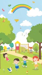 Kids are joyfully swinging and running in a lively park filled with trees and a rainbow