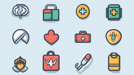 A set of 12 colorful icons related to medical and healthcare.